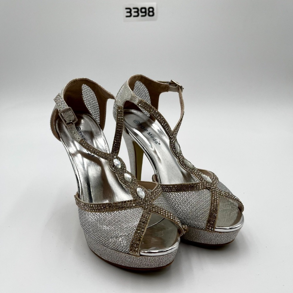 Top‎ Moda Women's 5 Silver Strappy Rhinestone Embellished Stiletto Heel Sandal